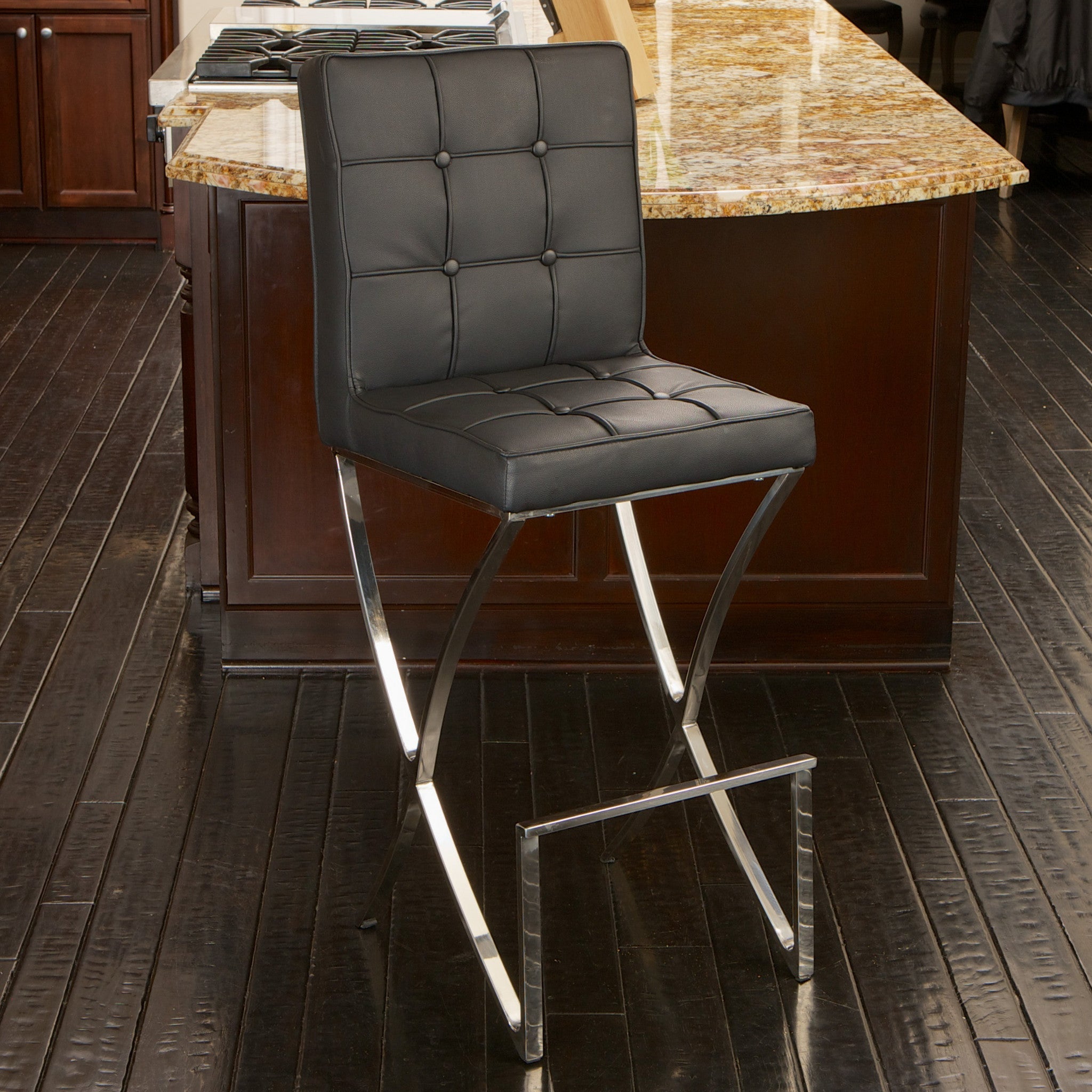 Pandora Black Leather & Steel Bar Stool