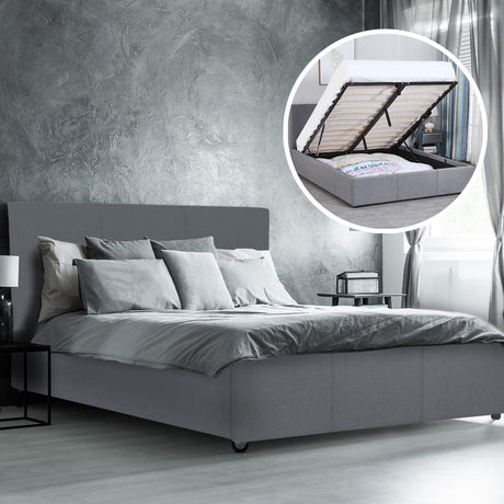 Milano Luxury Gas Lift Bed Frame Base And Headboard With Storage - Double - Grey