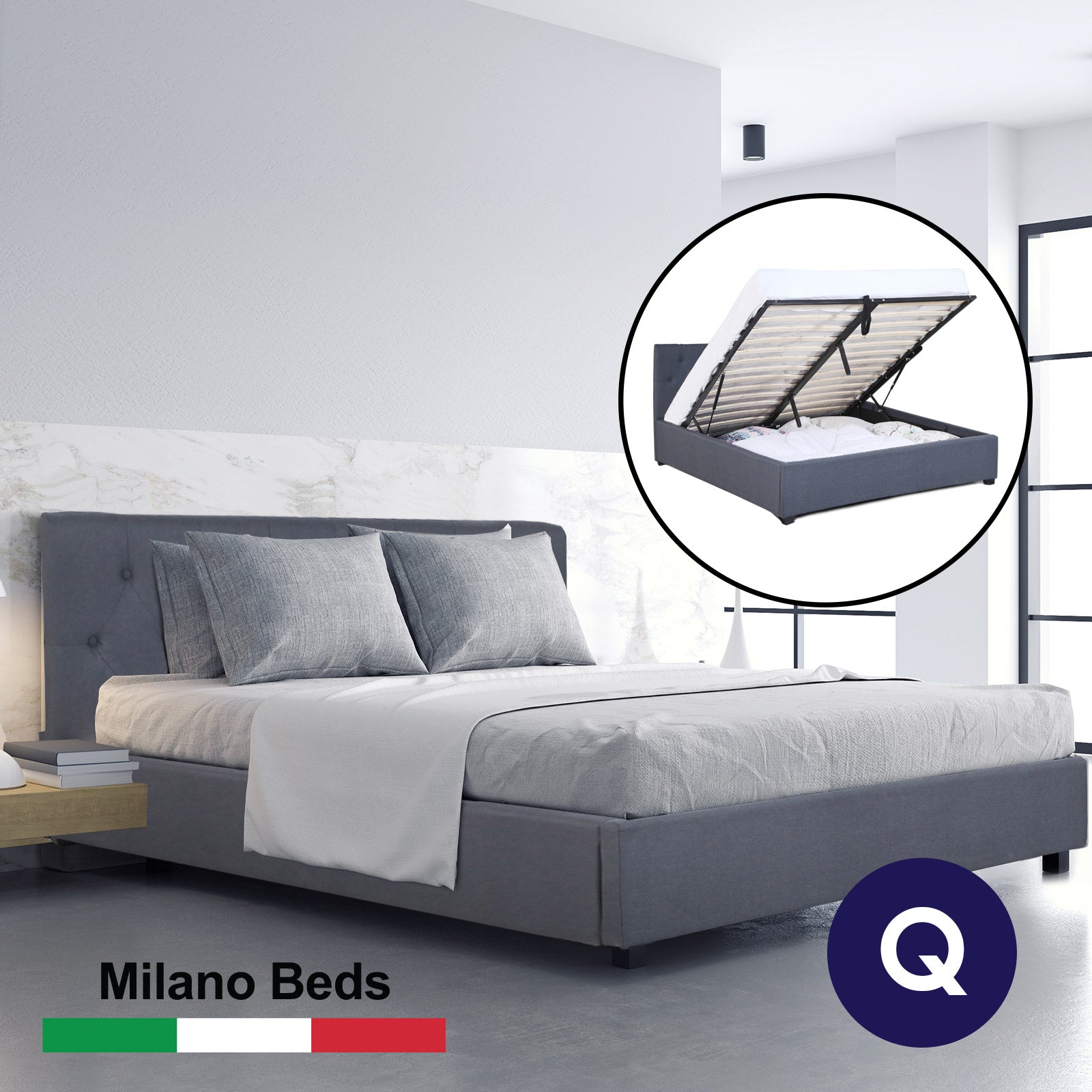 Milano Capri Luxury Gas Lift Bed Frame - Queen - Grey