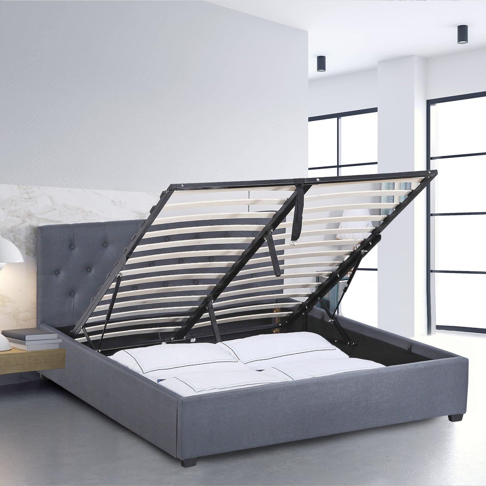 Milano Capri Luxury Gas Lift Bed Frame - Queen - Grey