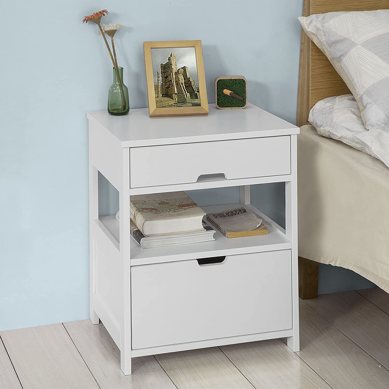 Contemporary Bedside Table with 2 Drawers — Compact Nightstand for Bedroom Storage