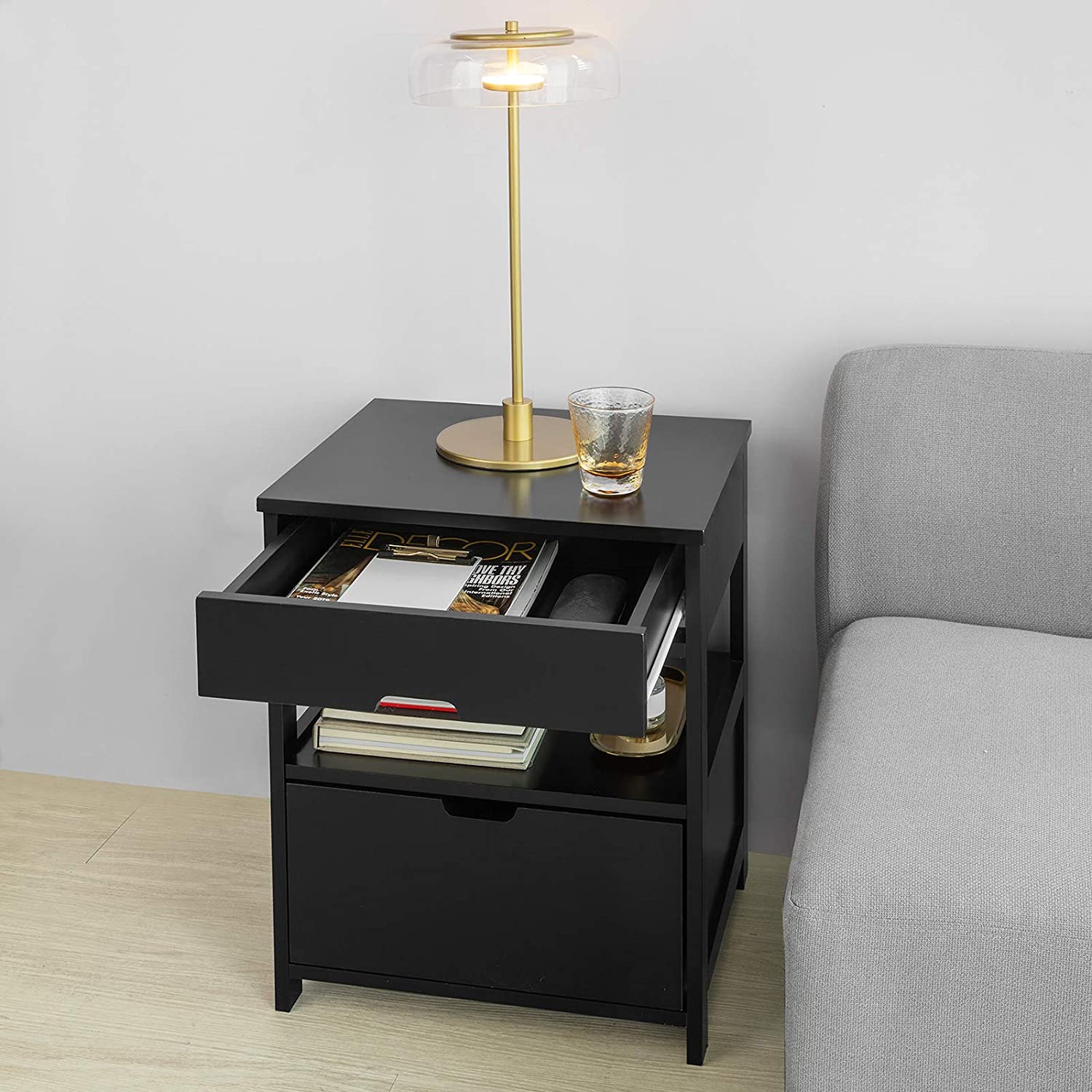 Contemporary Bedside Table with 2 Drawers — Compact Nightstand for Bedroom Storage