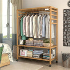 3-Tier Rolling Bamboo Clothes Rack with Hooks