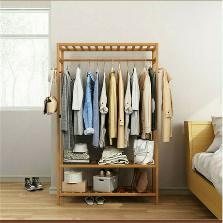 3-Tier Rolling Bamboo Clothes Rack with Hooks
