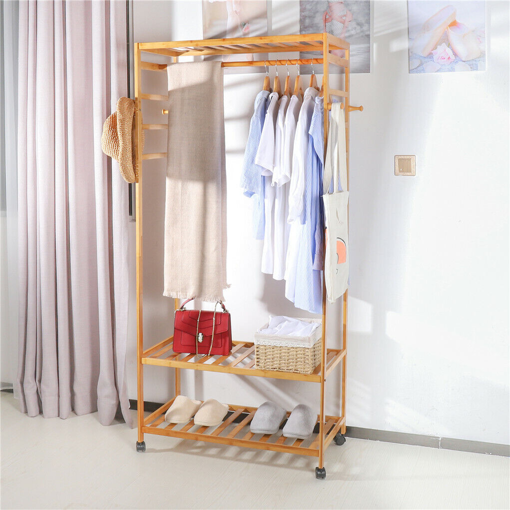 3-Tier Rolling Bamboo Clothes Rack with Hooks