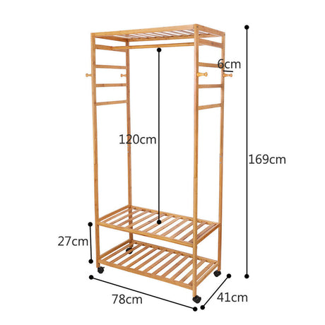 3-Tier Rolling Bamboo Clothes Rack with Hooks