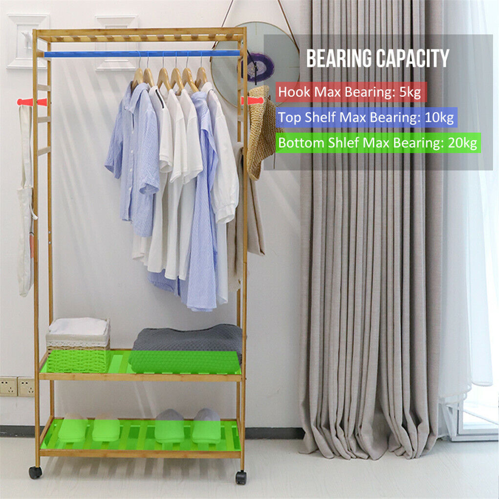 3-Tier Rolling Bamboo Clothes Rack with Hooks