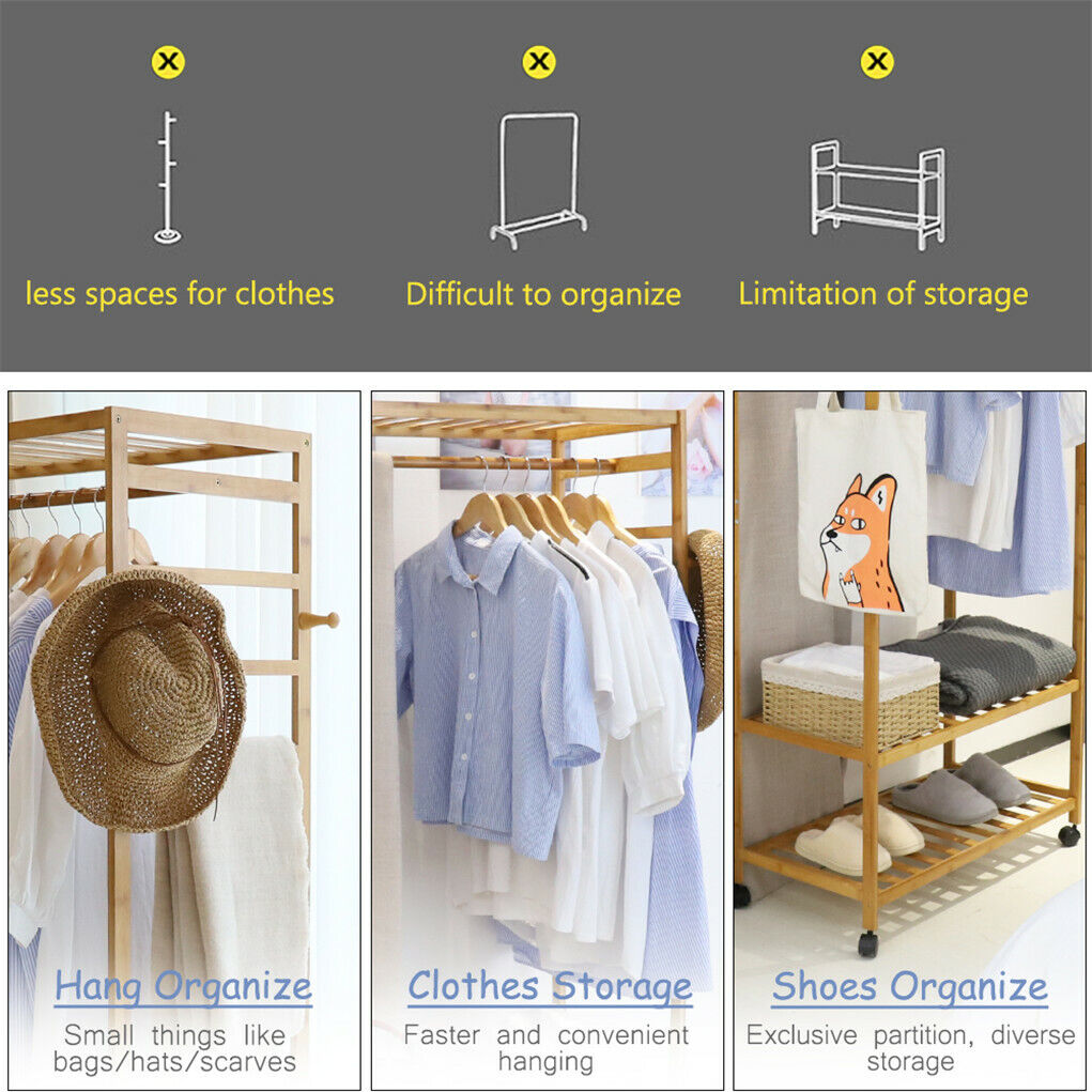 3-Tier Rolling Bamboo Clothes Rack with Hooks