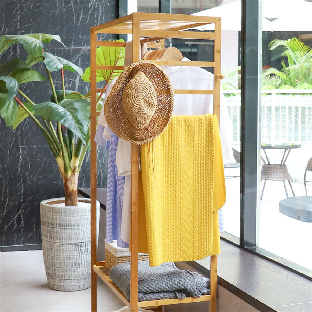 3-Tier Rolling Bamboo Clothes Rack with Hooks