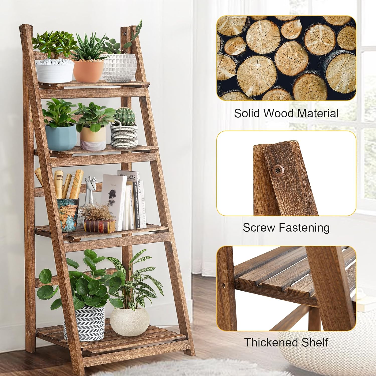 Rustic Wood 4-Tier Plant Stand & Bookshelf