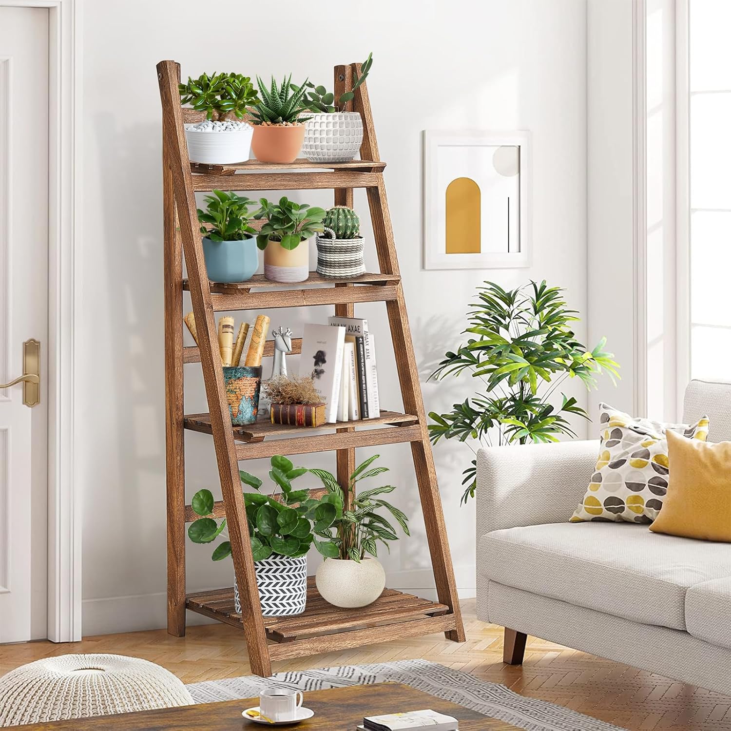 Rustic Wood 4-Tier Plant Stand & Bookshelf
