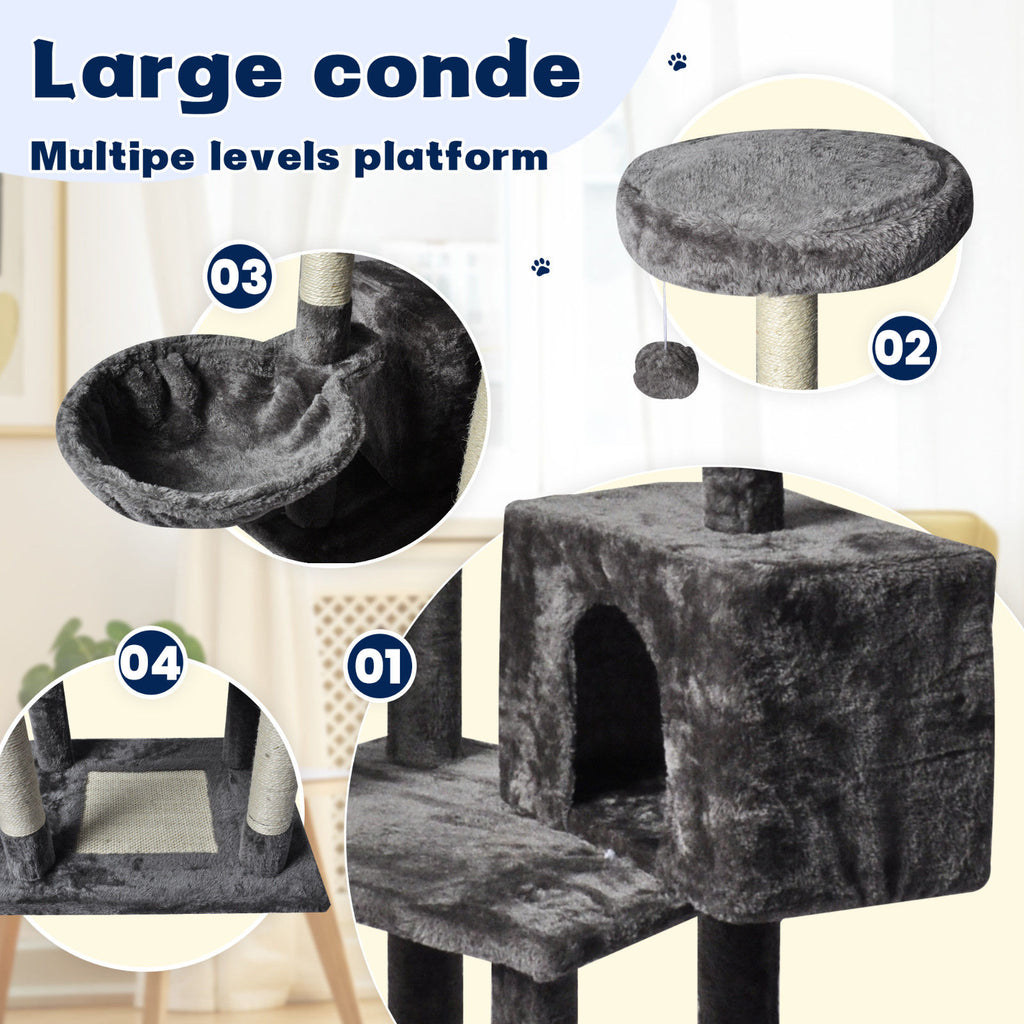 Large Grey Cat Tree Tower Condo with Scratching Post Bed