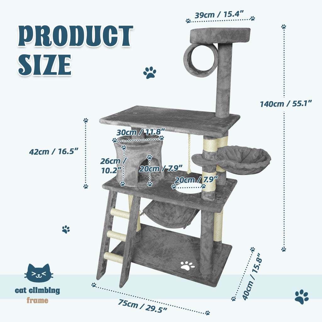 Grey Cat Tree Tower Condo Scratching Post Bed Stand 1.4M