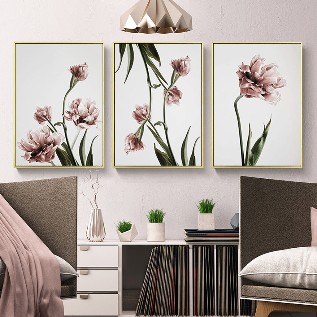 Wall Art Tulip Flower 3 Sets Gold Frame Canvas Decorative Home Decoration Print