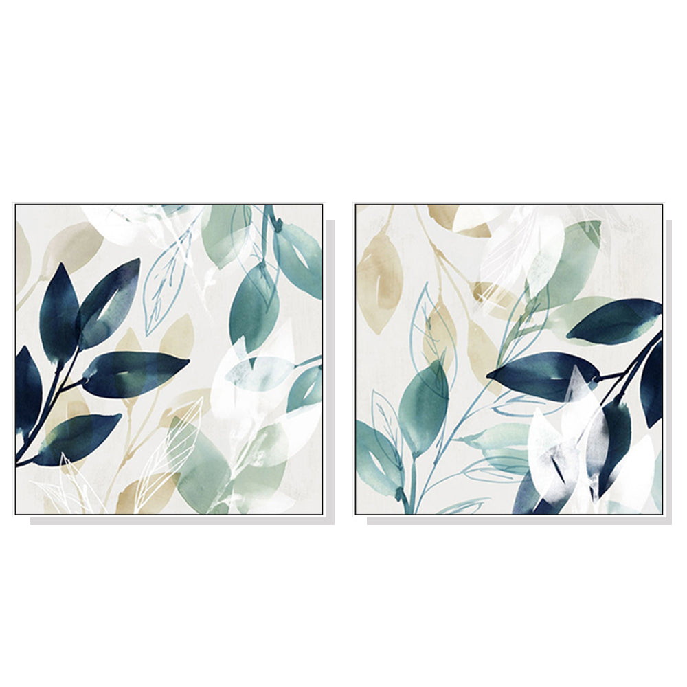 Wall Art Watercolour style botanical leaves 2 Sets White Frame Canvas Decor