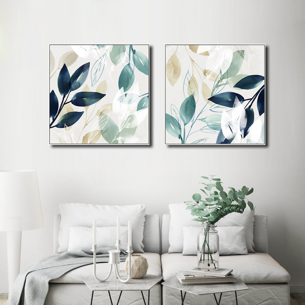 Wall Art Watercolour style botanical leaves 2 Sets White Frame Canvas Decor
