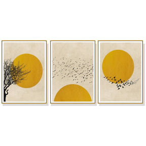Wall Art Flock Of Birds Sun Silhouette 3 Sets Gold Frame Canvas Home Decor