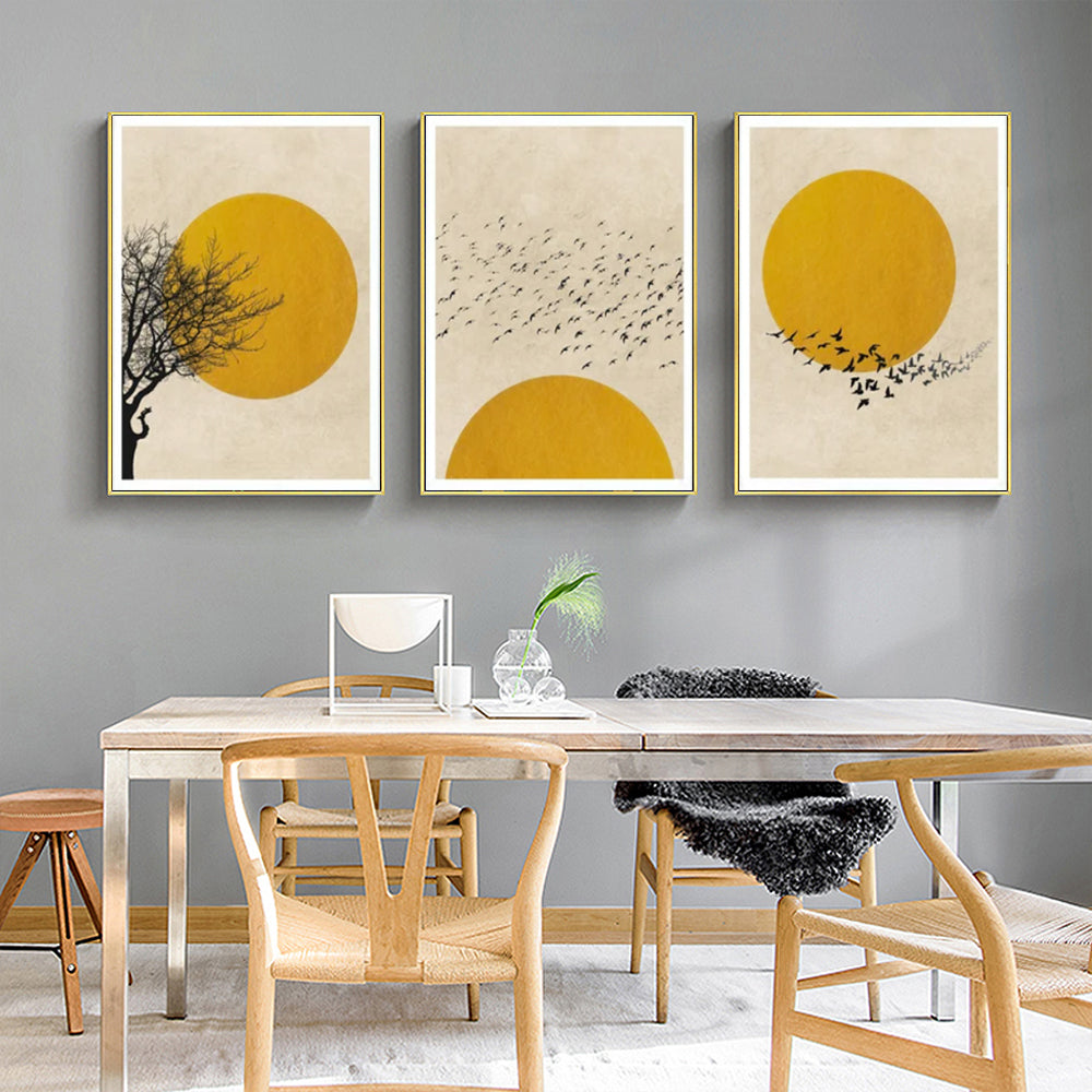 Wall Art Flock Of Birds Sun Silhouette 3 Sets Gold Frame Canvas Home Decor