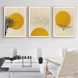 Wall Art Flock Of Birds Sun Silhouette 3 Sets Gold Frame Canvas Home Decor