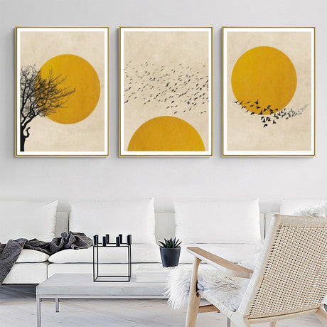 Wall Art Flock Of Birds Sun Silhouette 3 Sets Gold Frame Canvas Home Decor
