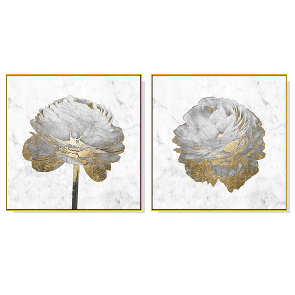 Wall Art Gold and White Blossom on White 2 Sets Gold Frame Canvas Print