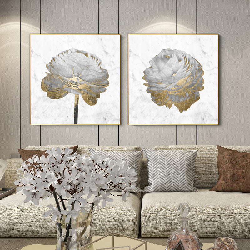 Wall Art Gold and White Blossom on White 2 Sets Gold Frame Canvas Print