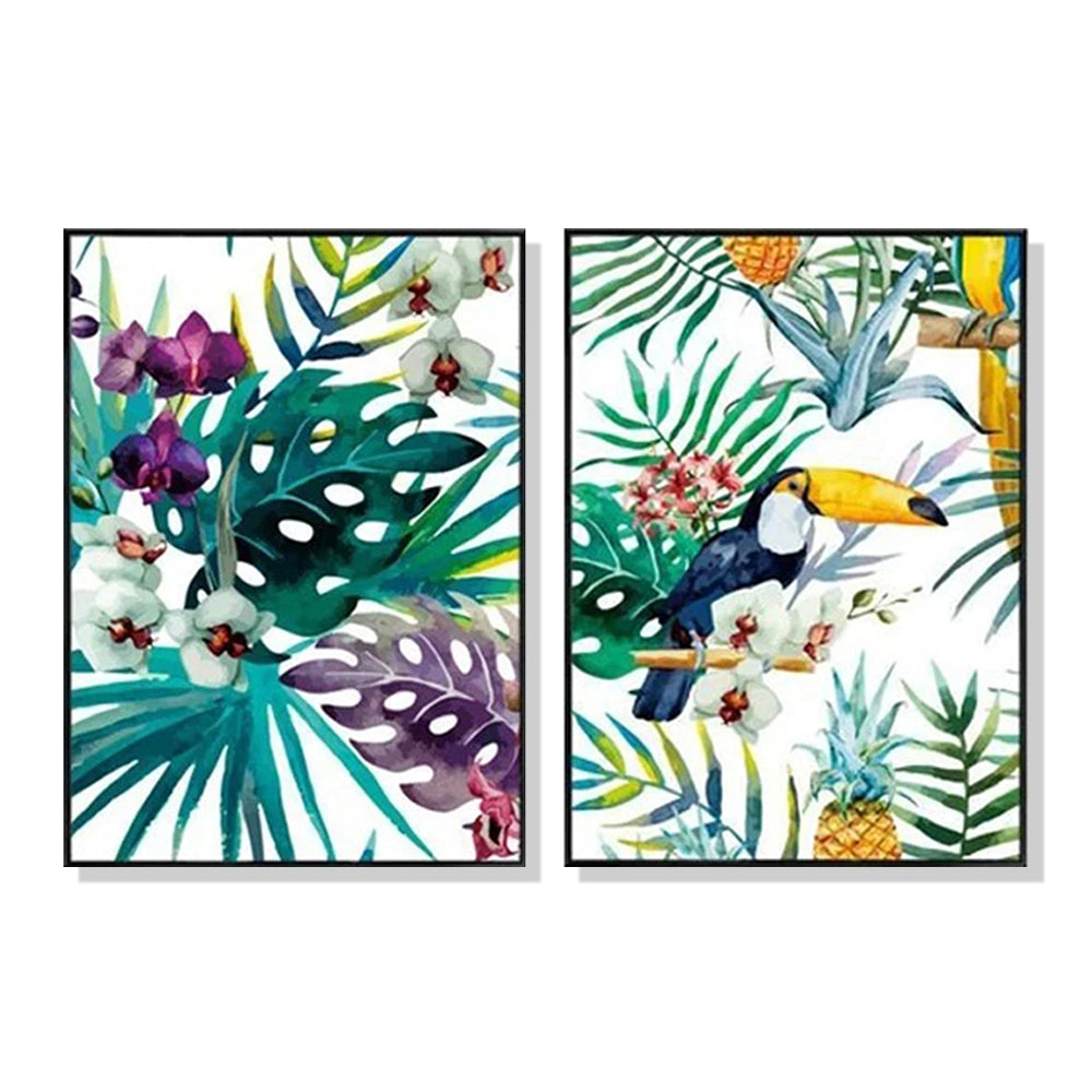Wall Art Toucan and Orchid 2 Sets Black Frame Canvas Decorative Home Wall Decor