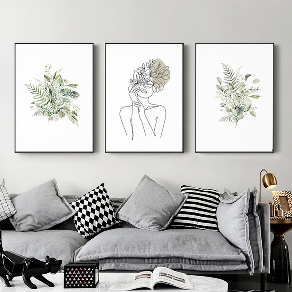 Wall Art Botanical Line Girl 3 Sets Frame Canvas Framed Canvas Prints for Home Decor