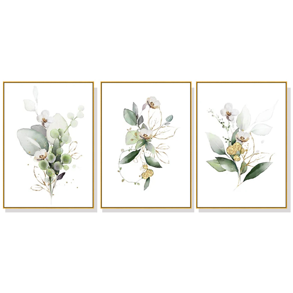 Wall Art Green and Gold Watercolor Botanical Canvas with Gold Frame, Modern Decor