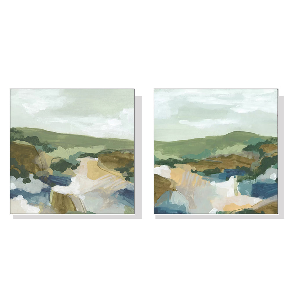 Wall Art Abstract Landscape 2 Sets White Frame Canvas Modern Home Decor Set