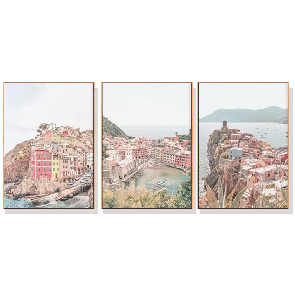 Wall Art Italy Cinque Terre 3 Sets Wood Frame Canvas Triptych Decorative Prints