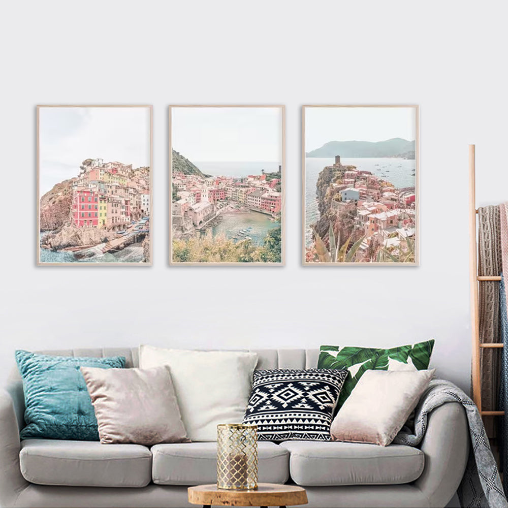 Wall Art Italy Cinque Terre 3 Sets Wood Frame Canvas Triptych Decorative Prints