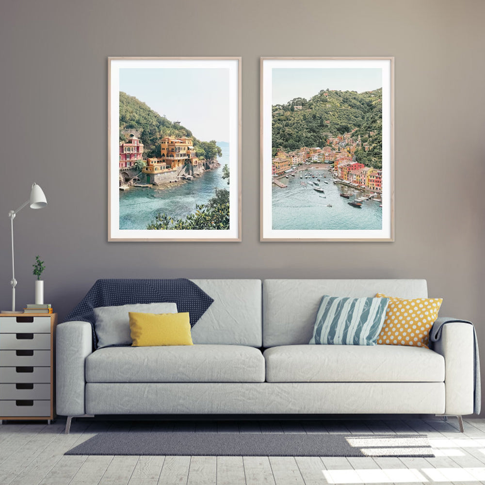 Wall Art Italy Coast 2 Sets Wood Frame Canvas for Home Decor Living Room