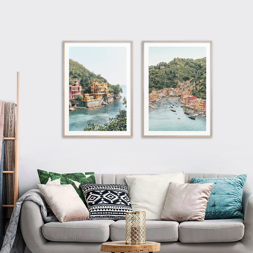 Wall Art Italy Coast 2 Sets Wood Frame Canvas for Home Decor Living Room