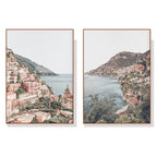 Wall Art Italy Positano 2 Sets Wood Frame Canvas Prints for Home Decoration