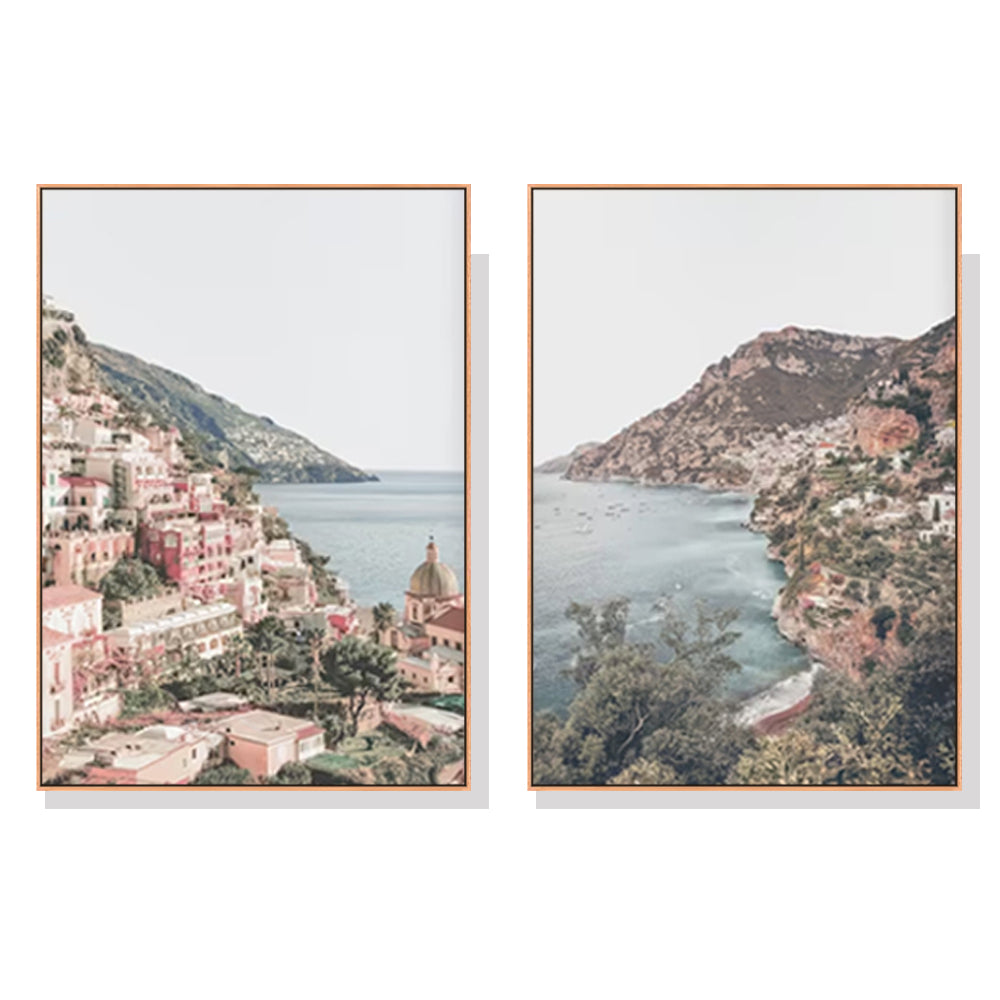 Wall Art Italy Positano 2 Sets Wood Frame Canvas Prints for Home Decoration