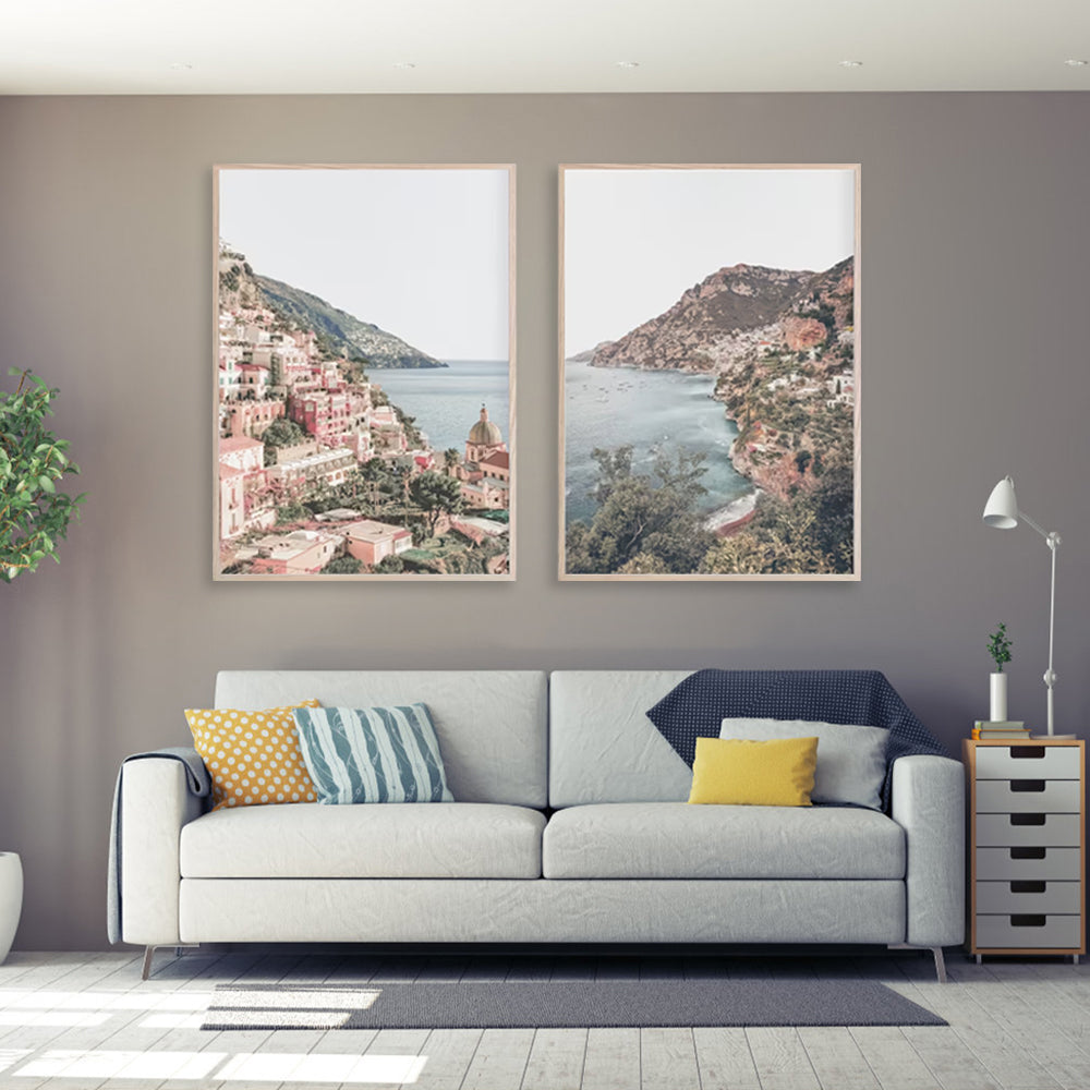 Wall Art Italy Positano 2 Sets Wood Frame Canvas Prints for Home Decoration