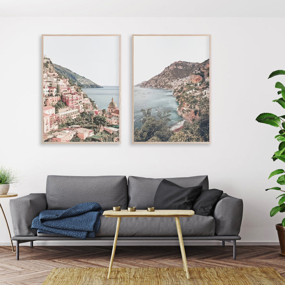 Wall Art Italy Positano 2 Sets Wood Frame Canvas Prints for Home Decoration