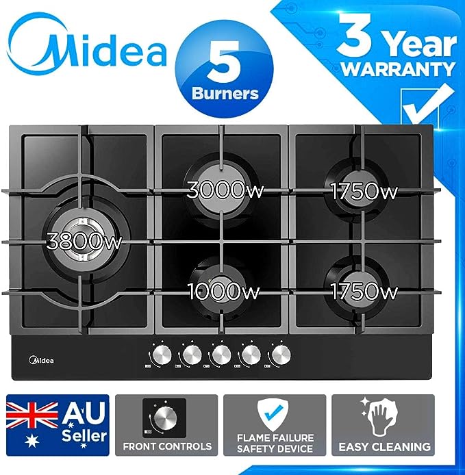 90cm Black Gas Glass Cooktop with 5 Burners