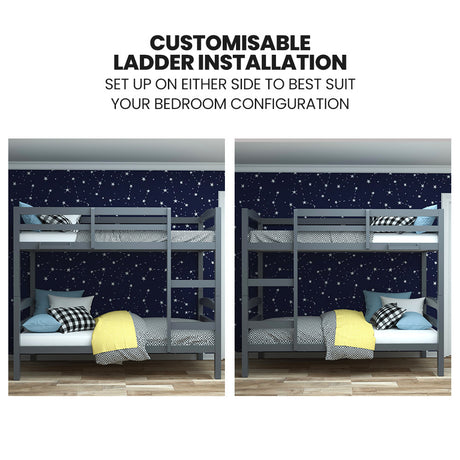 KINGSTON SLUMBER Single Bunk Bed Frame, Solid Pine 2-in-1 Modular Design, Converts to 2 Single Beds, For Kids, Grey