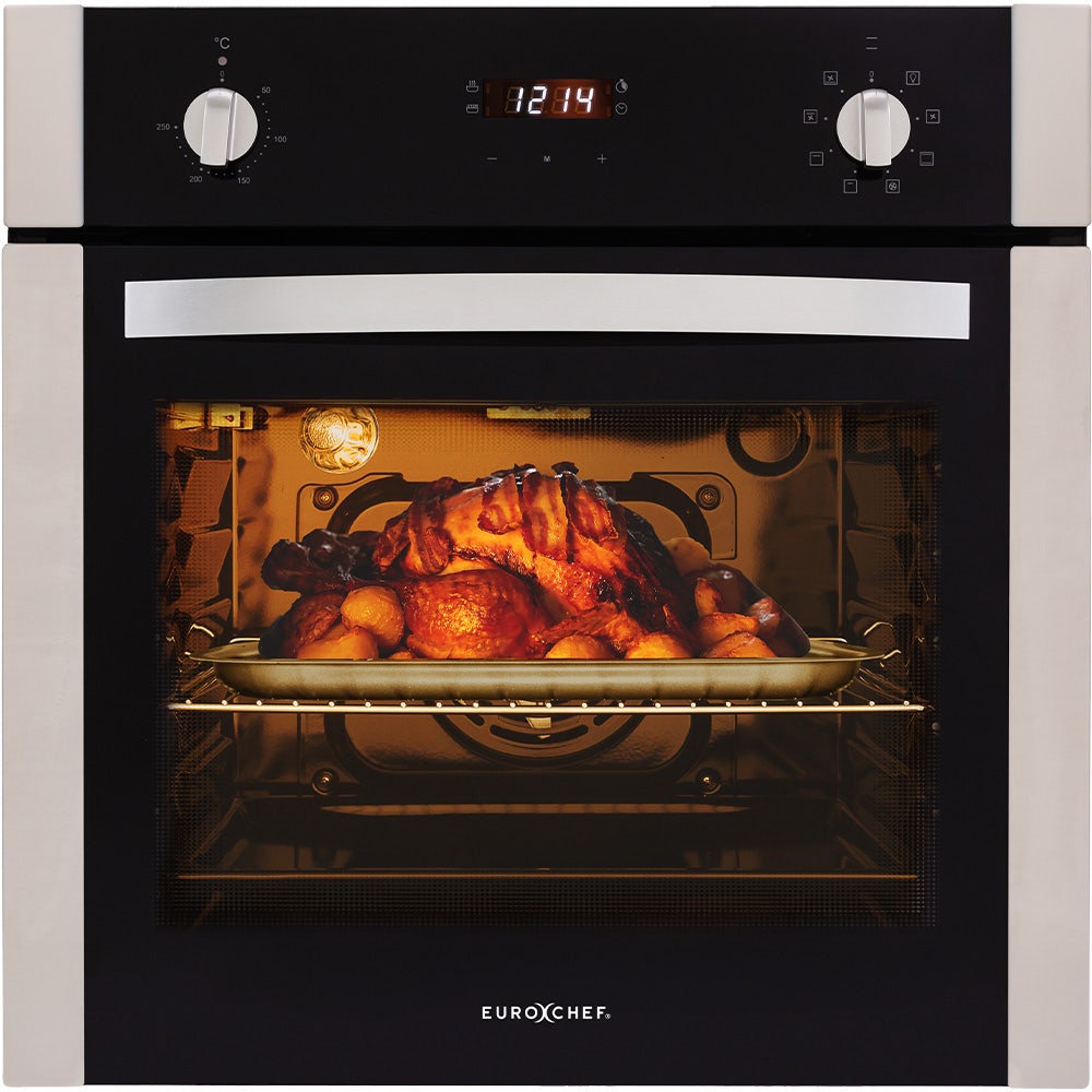 EuroChef 60cm Stainless Built-in 70L Grill 8 Function Fan Forced Electric Wall Oven