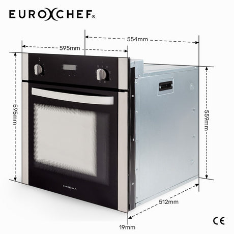 EuroChef 60cm Stainless Built-in 70L Grill 8 Function Fan Forced Electric Wall Oven