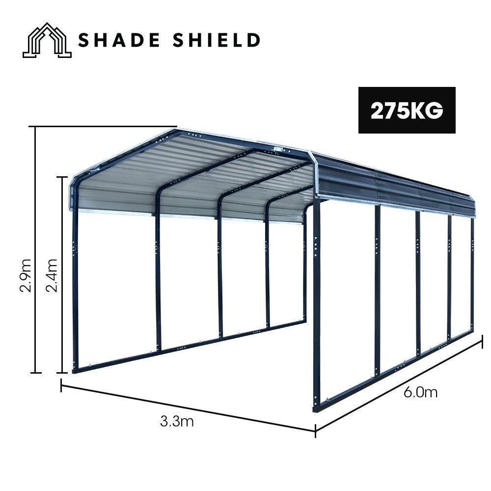 SHADE SHIELD Single Carport Shed 3.3 x 6 x 2.9m, Galvanised Steel Frame, Powder Coated Gable Roof, Shelter for Car Caravan Boat Tractor Agricultural