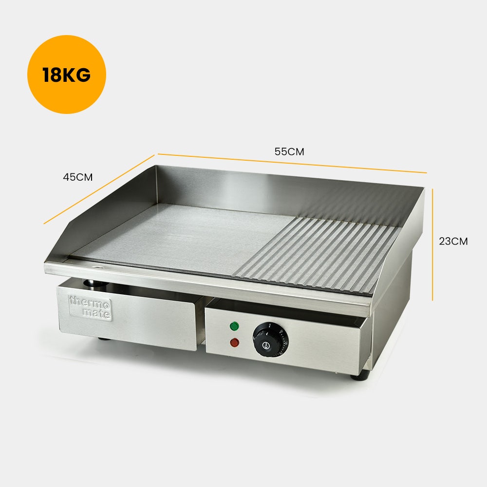 THERMOMATE Commercial Electric Griddle TH-G04, 2400W 55x35cm Half Ribbed Surface
