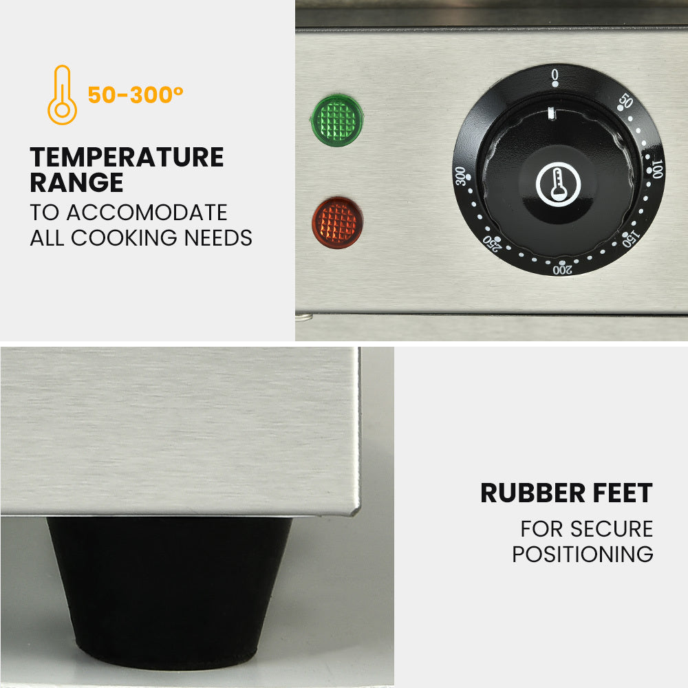 THERMOMATE Commercial Electric Griddle TH-G04, 2400W 55x35cm Half Ribbed Surface