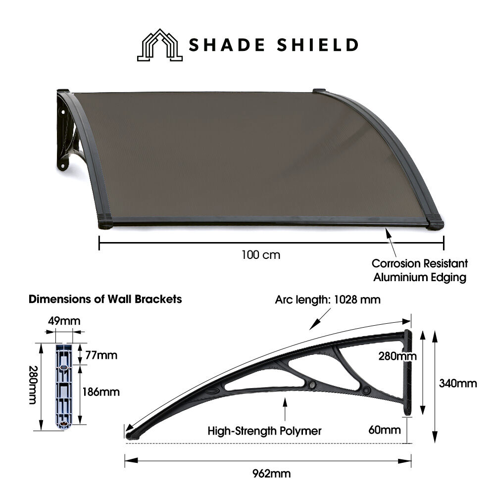 SHADE SHIELD 1x1m Aluminium Exterior Awning, Black DIY External UV Rain Protection Grey Tinted Polycarbonate Canopy Cover