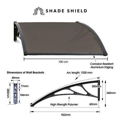 SHADE SHIELD 1x1m Aluminium Exterior Awning, Black DIY External UV Rain Protection Grey Tinted Polycarbonate Canopy Cover