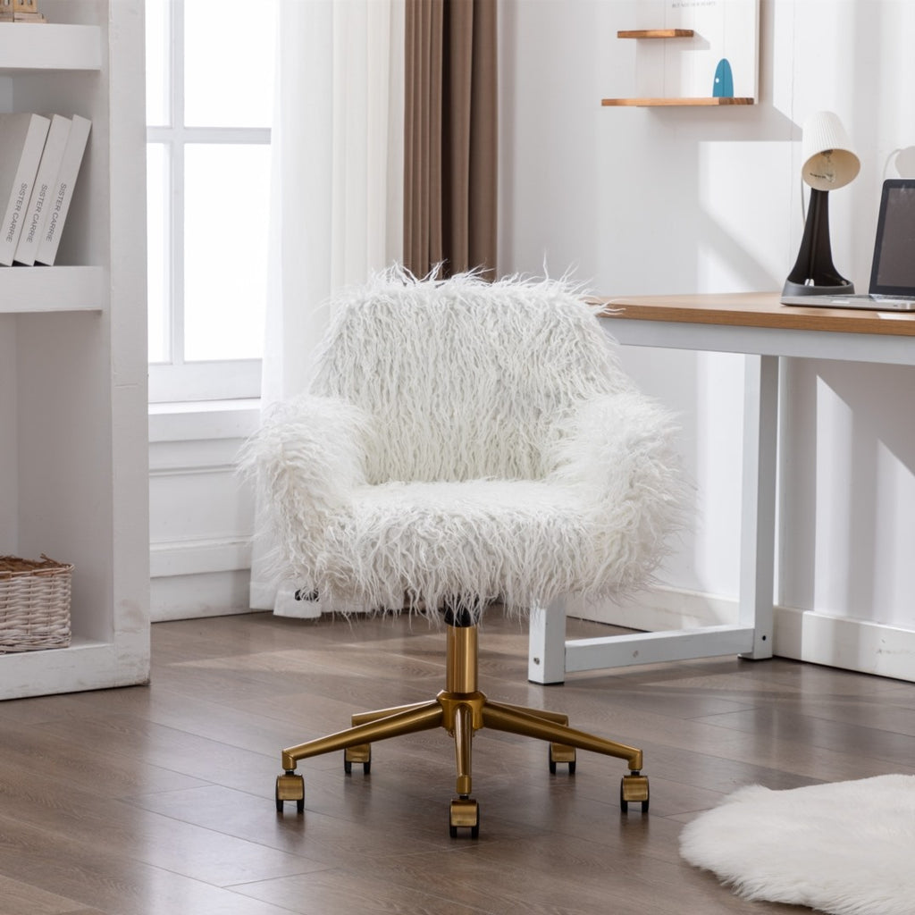 Fluffy White Faux Fur Swivel Desk Chair