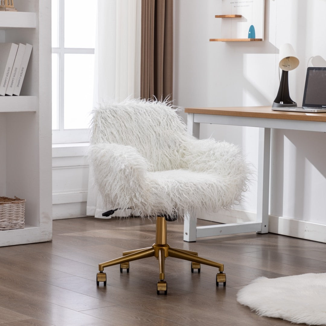 Fluffy White Faux Fur Swivel Desk Chair