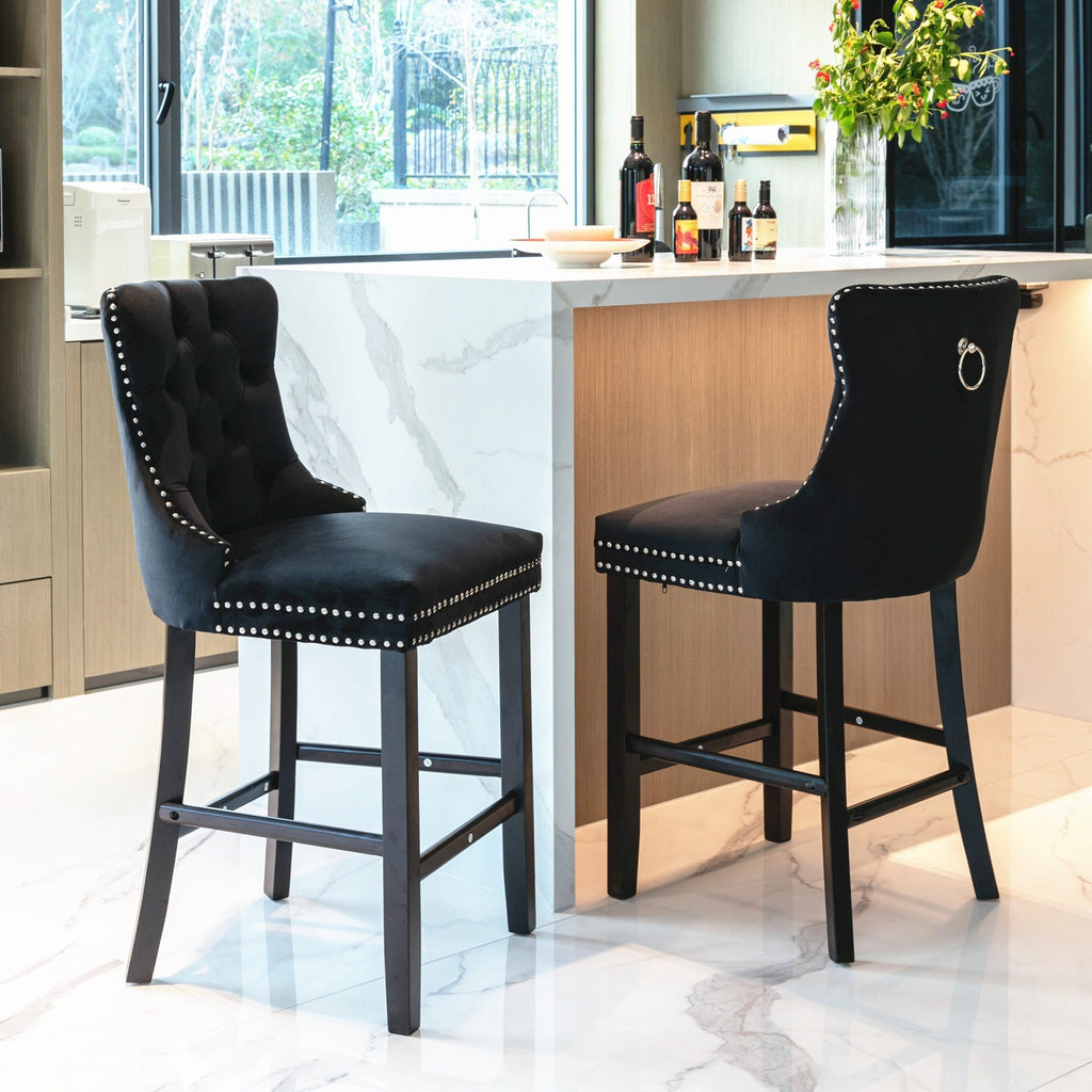 Elegant Velvet Bar Stools with Studs Trim